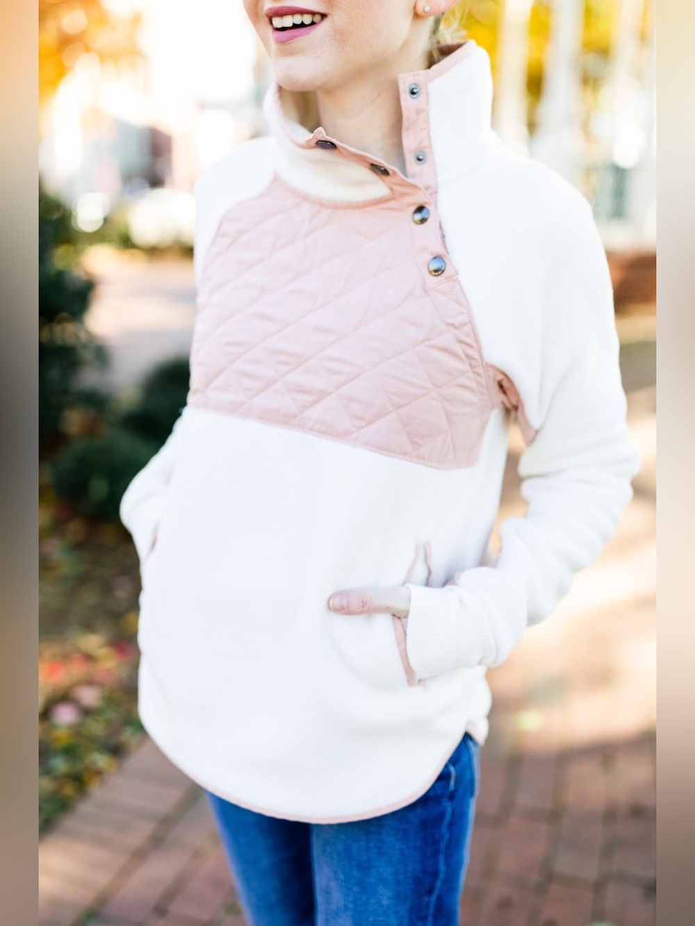 Abercrombie & Fitch Cream Pullover with Blush Pink Quilted Panels